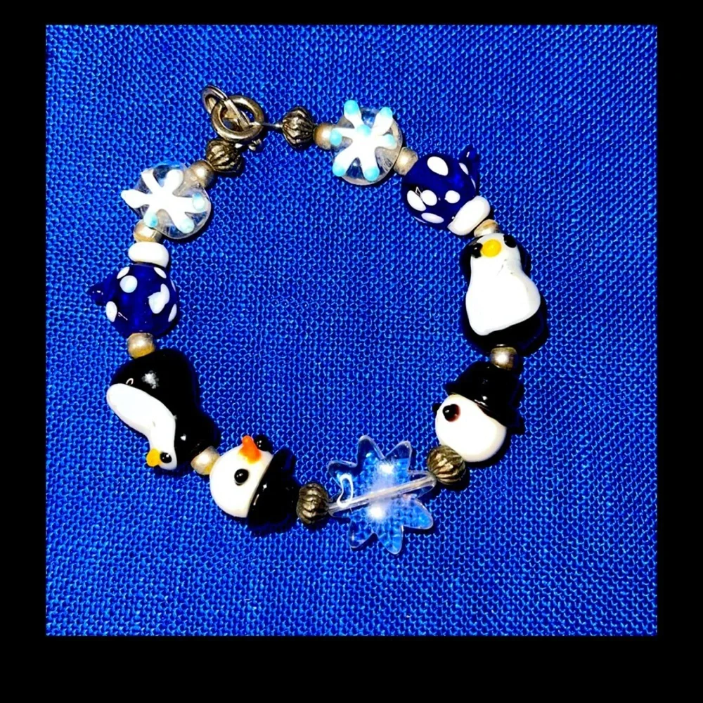 Glass Bead Holiday Snowman Penguin snowflake Bracelet Made with clasp